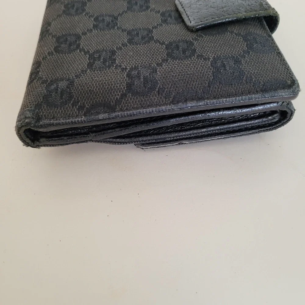 Gucci GG Monogram Canvas Bifold Wallet Black Silver Logo Hardware Made in Italy